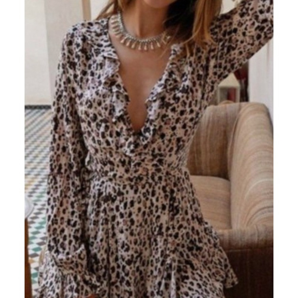 Kivari Leopard Print Ruffle Wrap Mini Dress Tan Brown XS Long Sleeve Boho